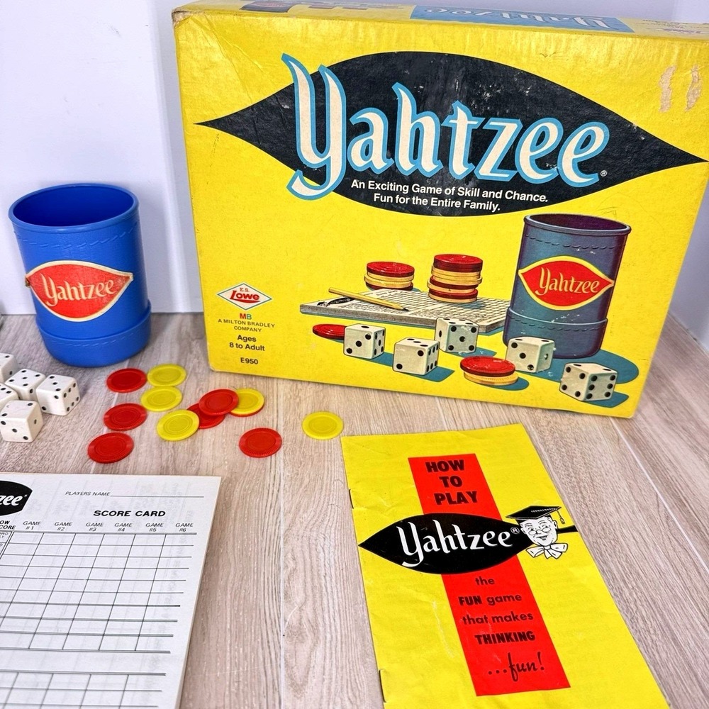 Yahtzee Vintage Board Game Complete ES Lowe Milton Bradley Dice Cup 1950s